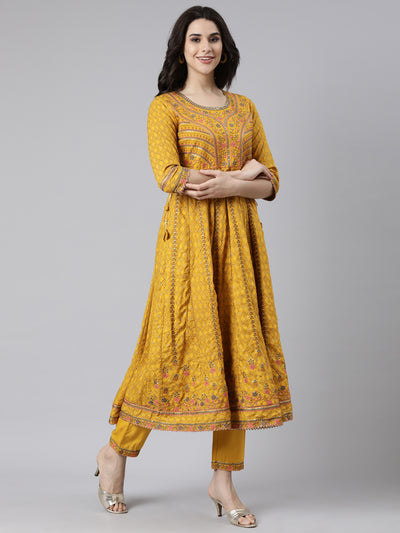 Neerus Mustard Regular Straight Floral Kurta And  Trousers With Dupatta