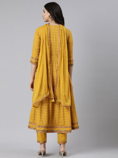 Neerus Mustard Regular Straight Floral Kurta And  Trousers With Dupatta