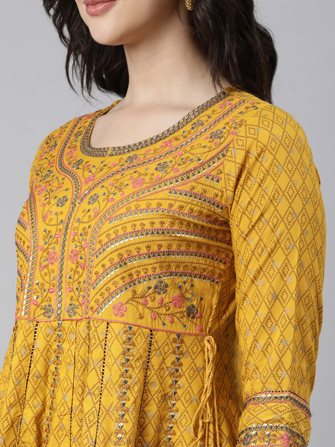 Neerus Mustard Regular Straight Floral Kurta And  Trousers With Dupatta