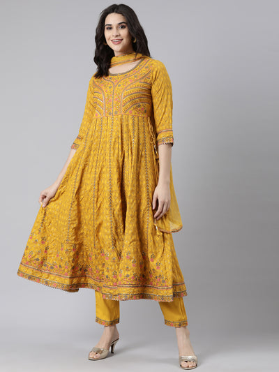 Neerus Mustard Regular Straight Floral Kurta And  Trousers With Dupatta