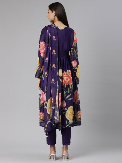 Neeru's Purple Regular Straight Floral Kurta And Trousers With Dupatta