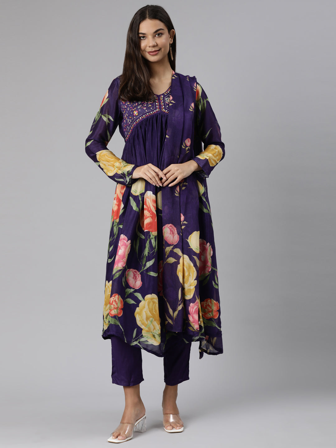 Neeru's Purple Regular Straight Floral Kurta And Trousers With Dupatta