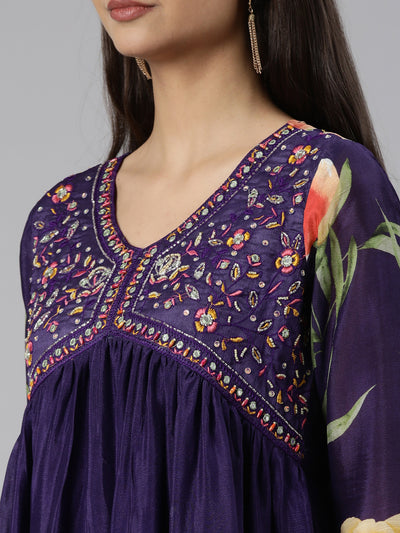 Neeru's Purple Regular Straight Floral Kurta And Trousers With Dupatta