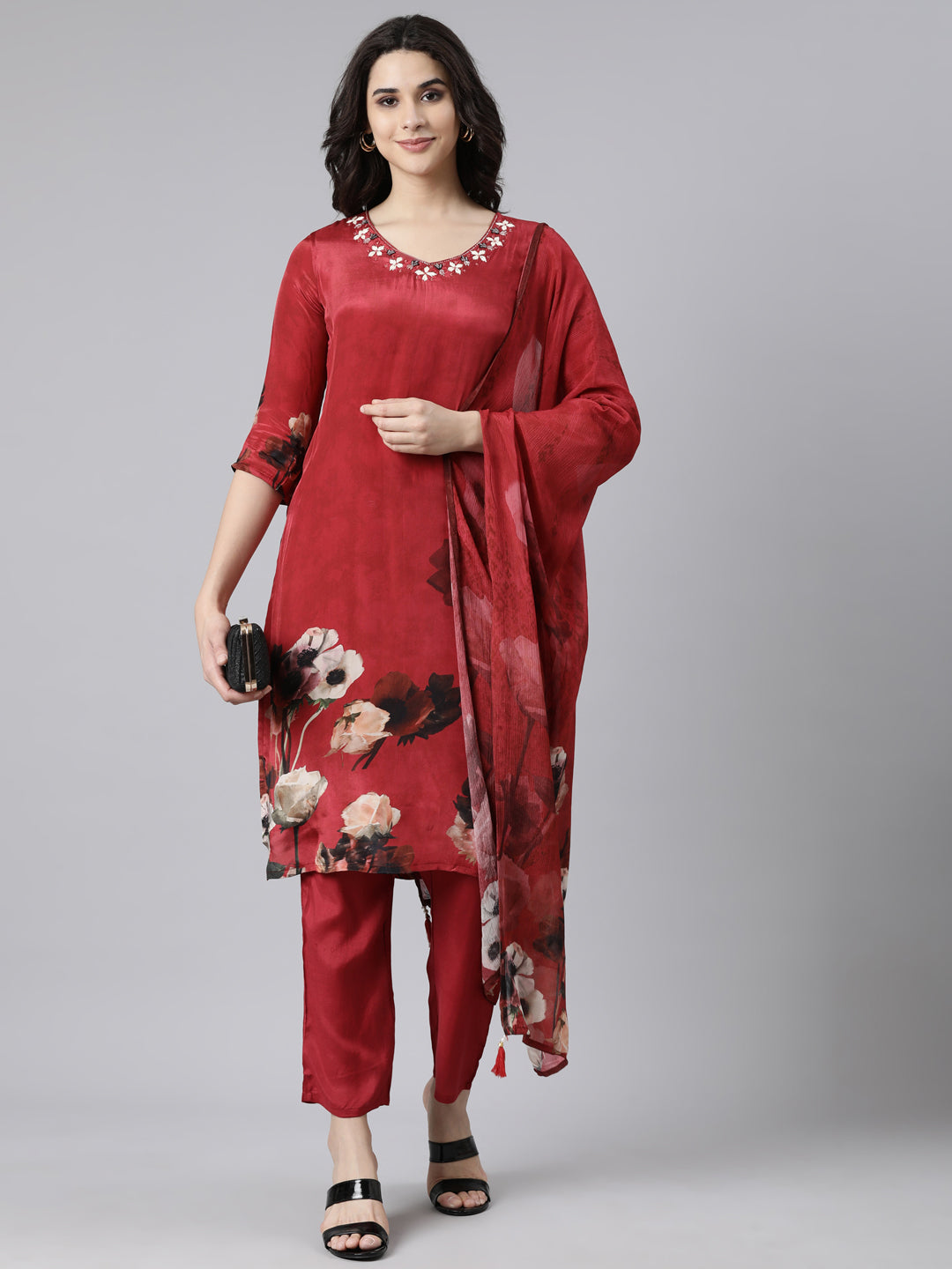 Neerus Maroon Regular Straight Floral Kurta And  Trousers With Dupatta