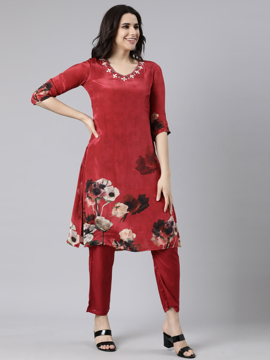 Neerus Maroon Regular Straight Floral Kurta And  Trousers With Dupatta