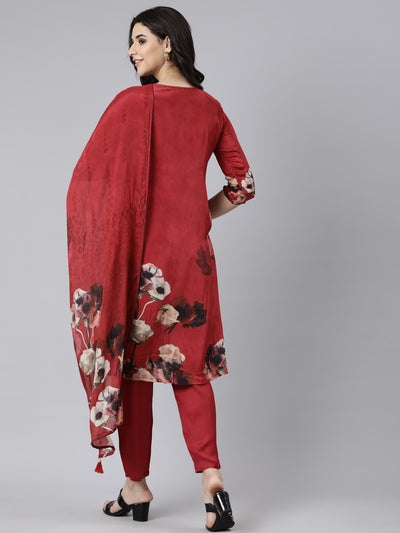 Neerus Maroon Regular Straight Floral Kurta And  Trousers With Dupatta