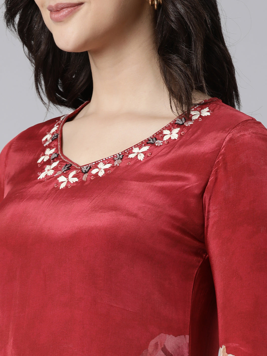 Neerus Maroon Regular Straight Floral Kurta And  Trousers With Dupatta