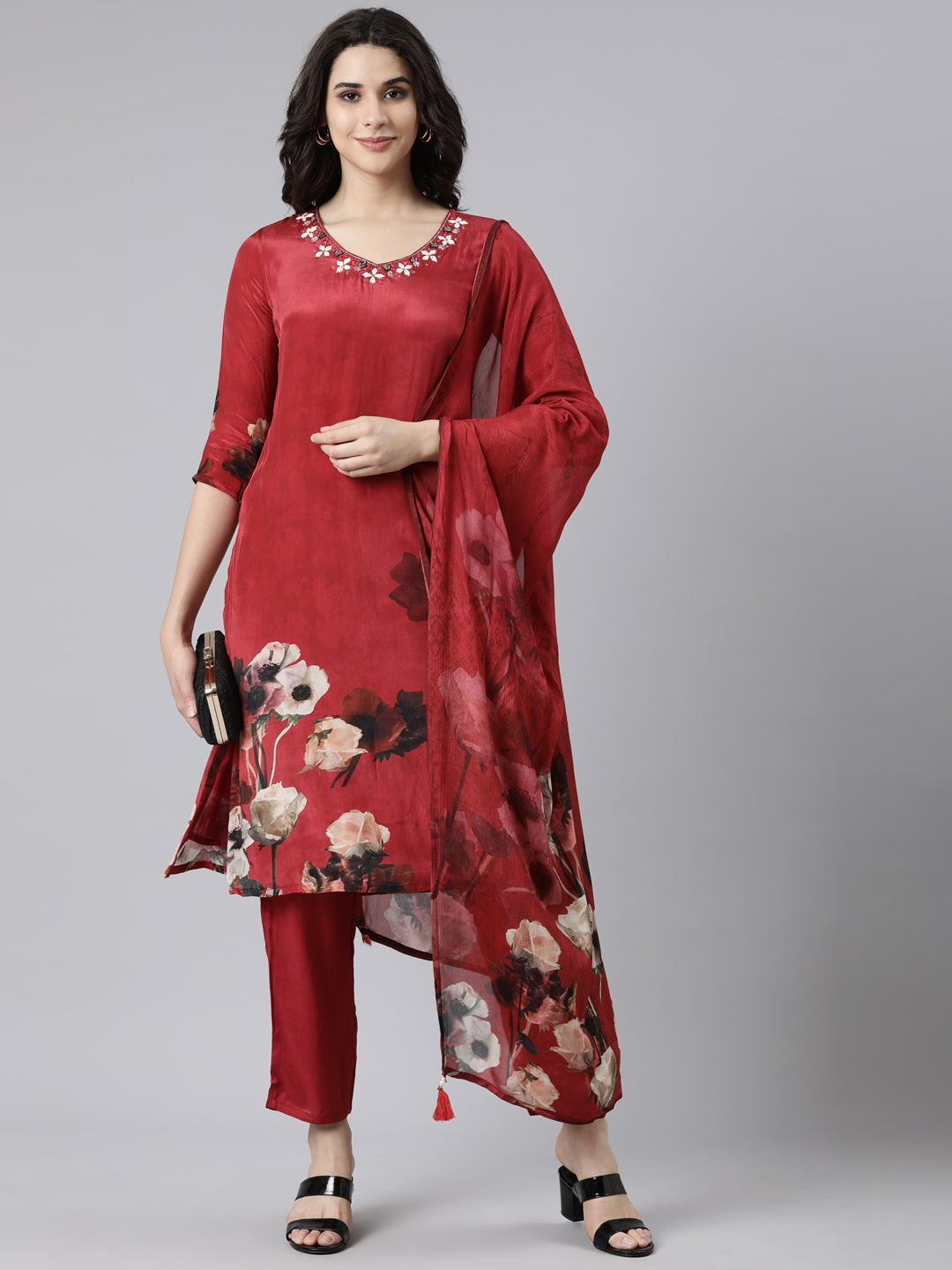 Neerus Maroon Regular Straight Floral Kurta And  Trousers With Dupatta