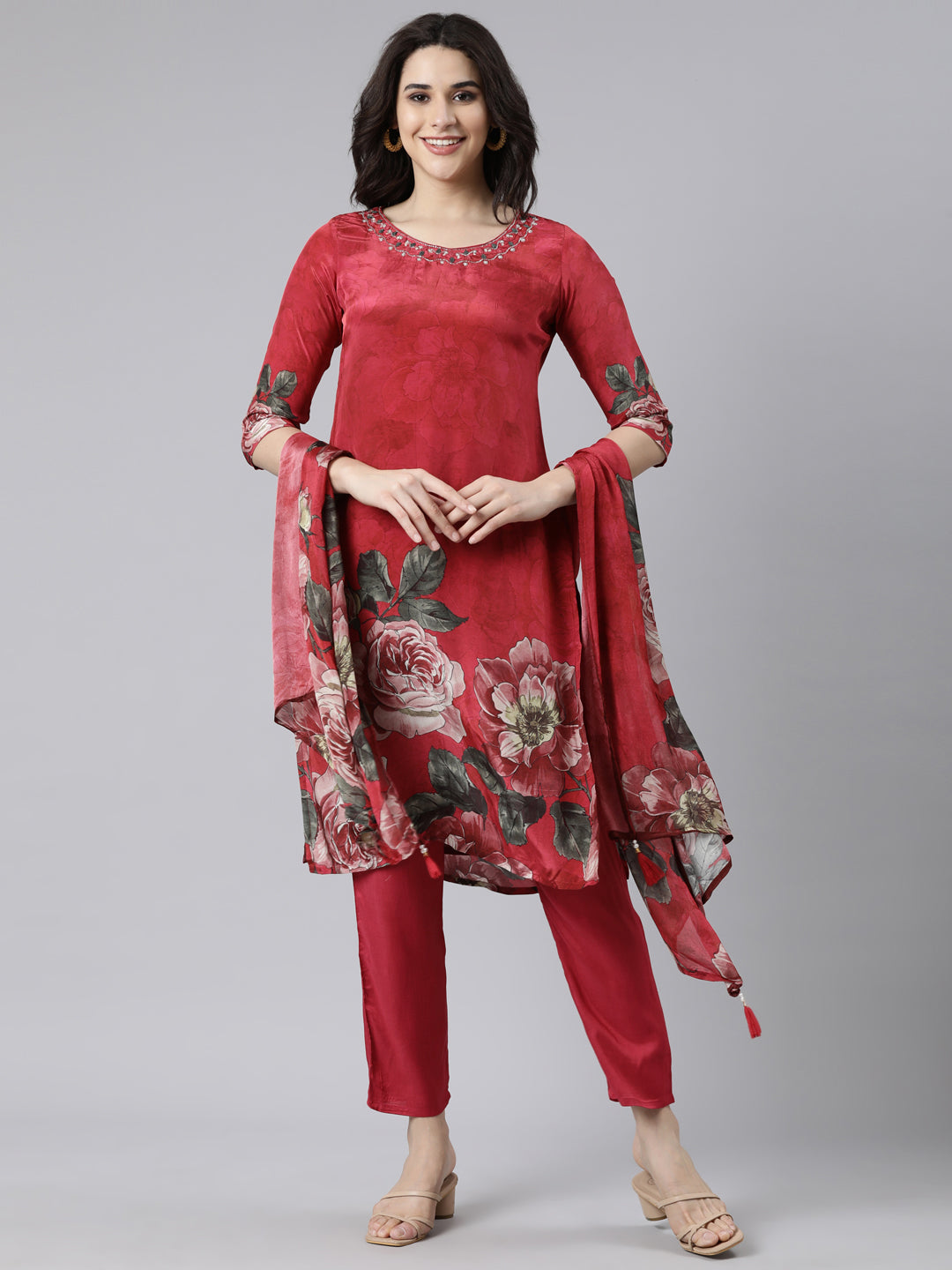 Neerus Magenta Regular Straight Floral Kurta And  Trousers With Dupatta