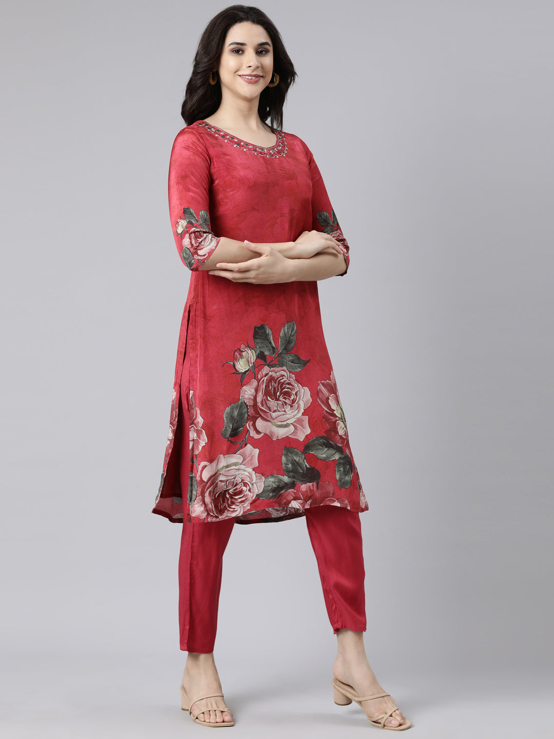 Neerus Magenta Regular Straight Floral Kurta And  Trousers With Dupatta