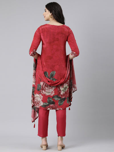 Neerus Magenta Regular Straight Floral Kurta And  Trousers With Dupatta