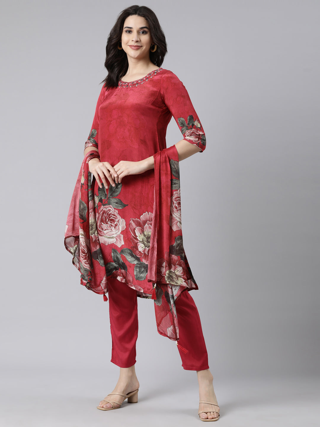 Neerus Magenta Regular Straight Floral Kurta And  Trousers With Dupatta