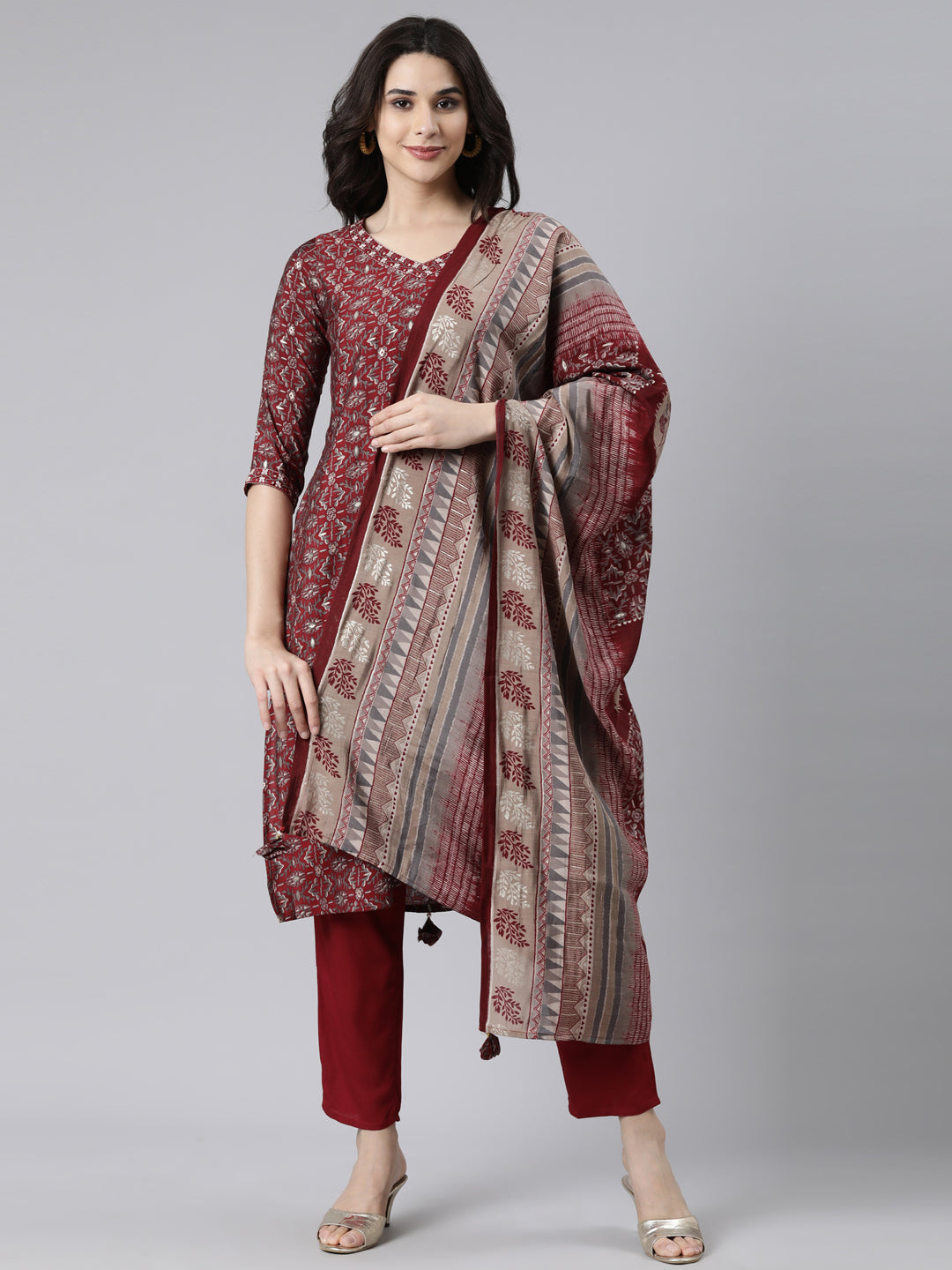 Neerus Maroon Regular Straight Floral Kurta And  Trousers With Dupatta