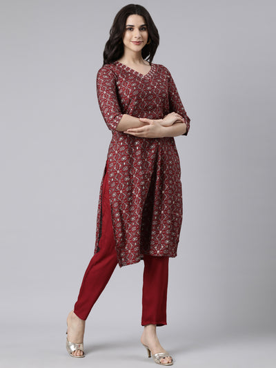 Neerus Maroon Regular Straight Floral Kurta And  Trousers With Dupatta