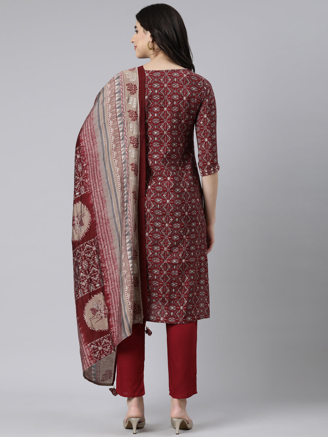 Neerus Maroon Regular Straight Floral Kurta And  Trousers With Dupatta