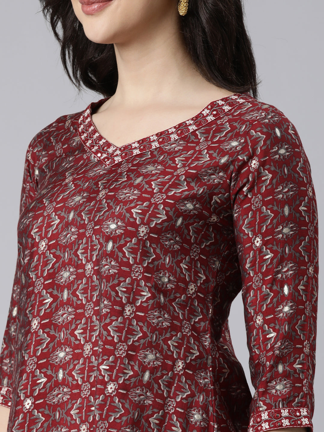 Neerus Maroon Regular Straight Floral Kurta And  Trousers With Dupatta