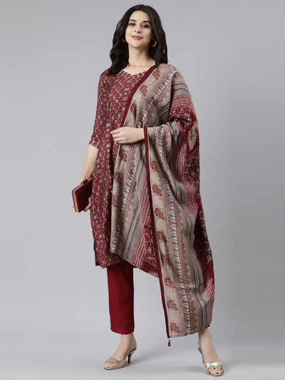 Neerus Maroon Regular Straight Floral Kurta And  Trousers With Dupatta