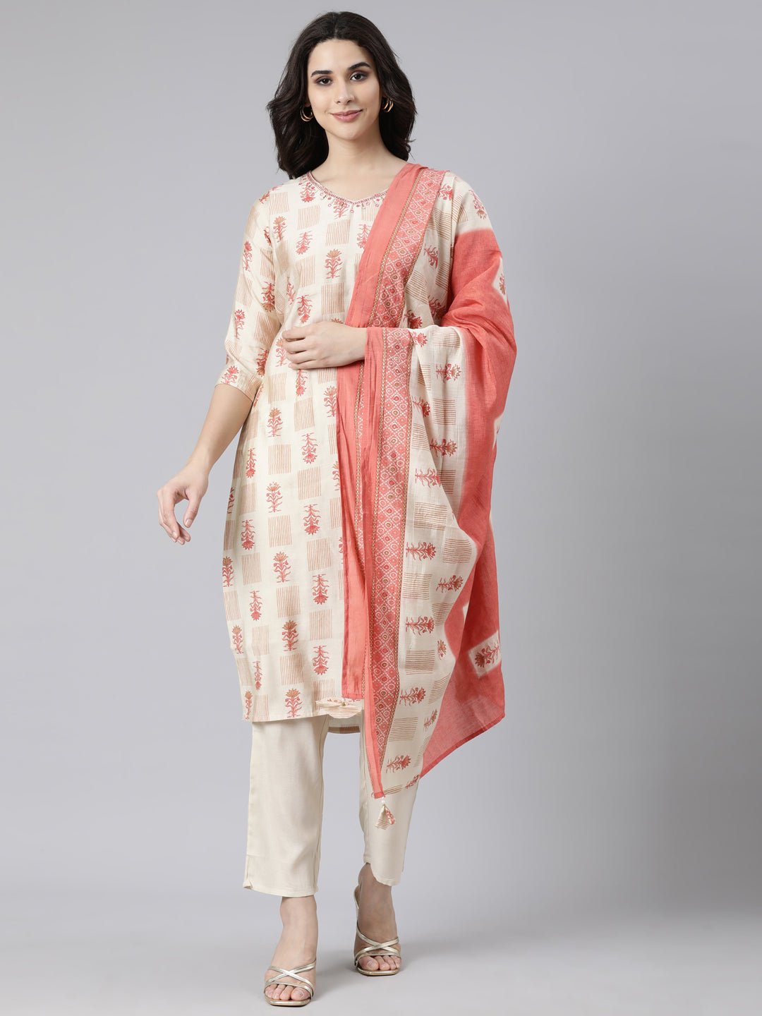 Neerus Beige Regular Straight Floral Kurta And  Trousers With Dupatta