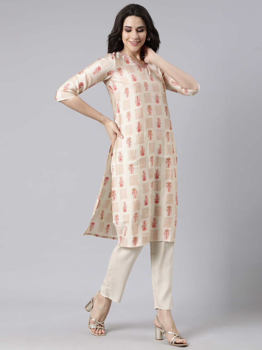 Neerus Beige Regular Straight Floral Kurta And  Trousers With Dupatta