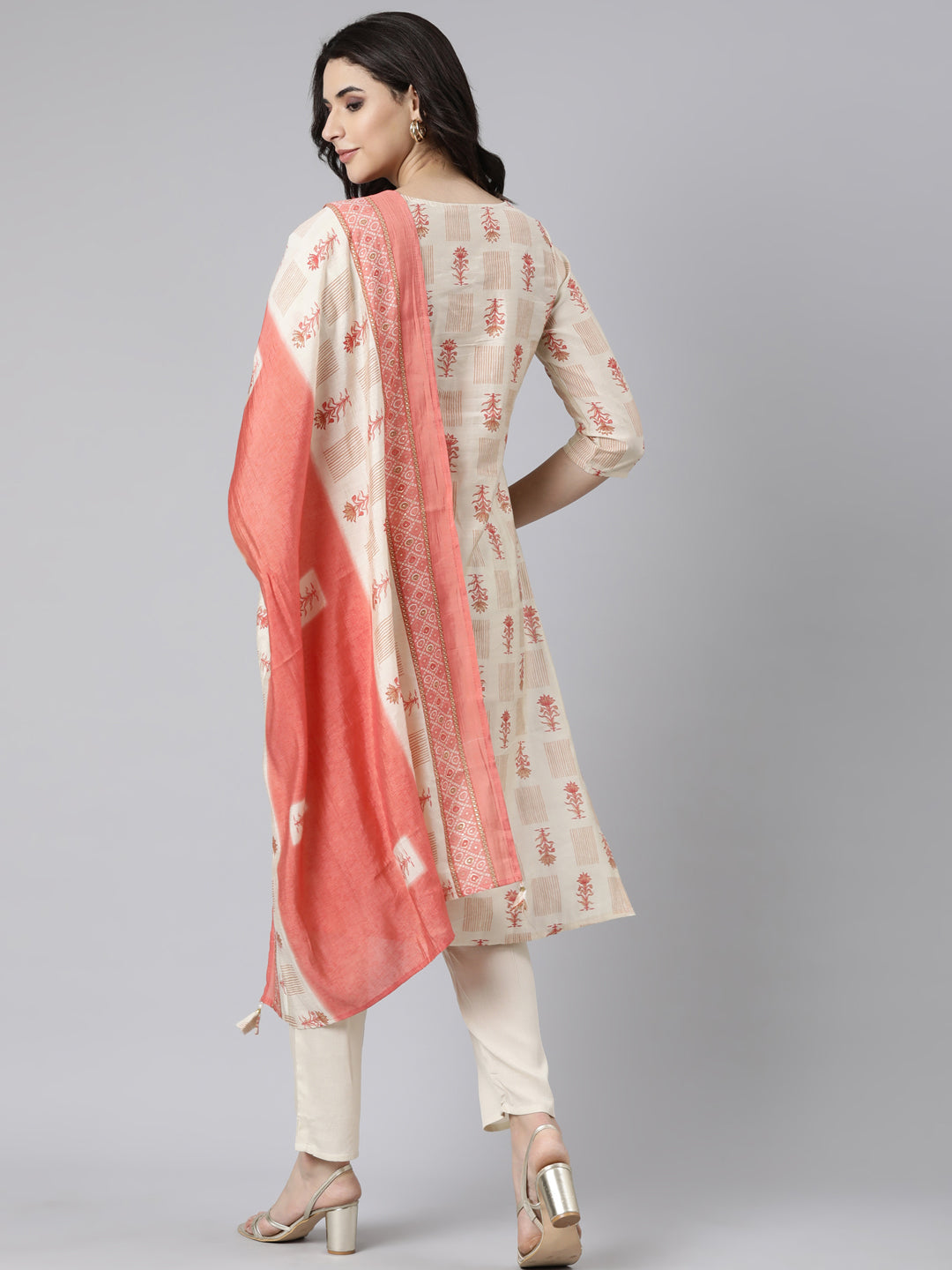 Neerus Beige Regular Straight Floral Kurta And  Trousers With Dupatta