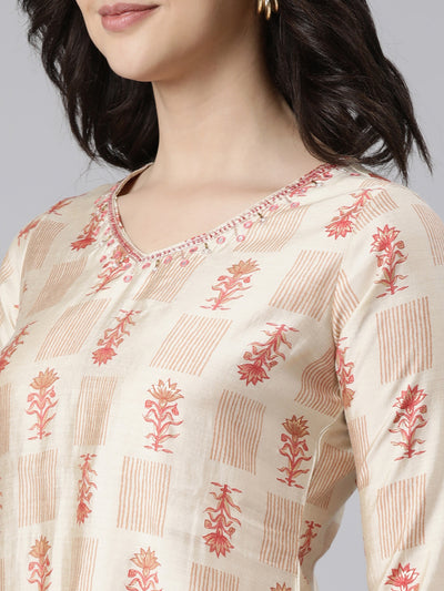 Neerus Beige Regular Straight Floral Kurta And  Trousers With Dupatta