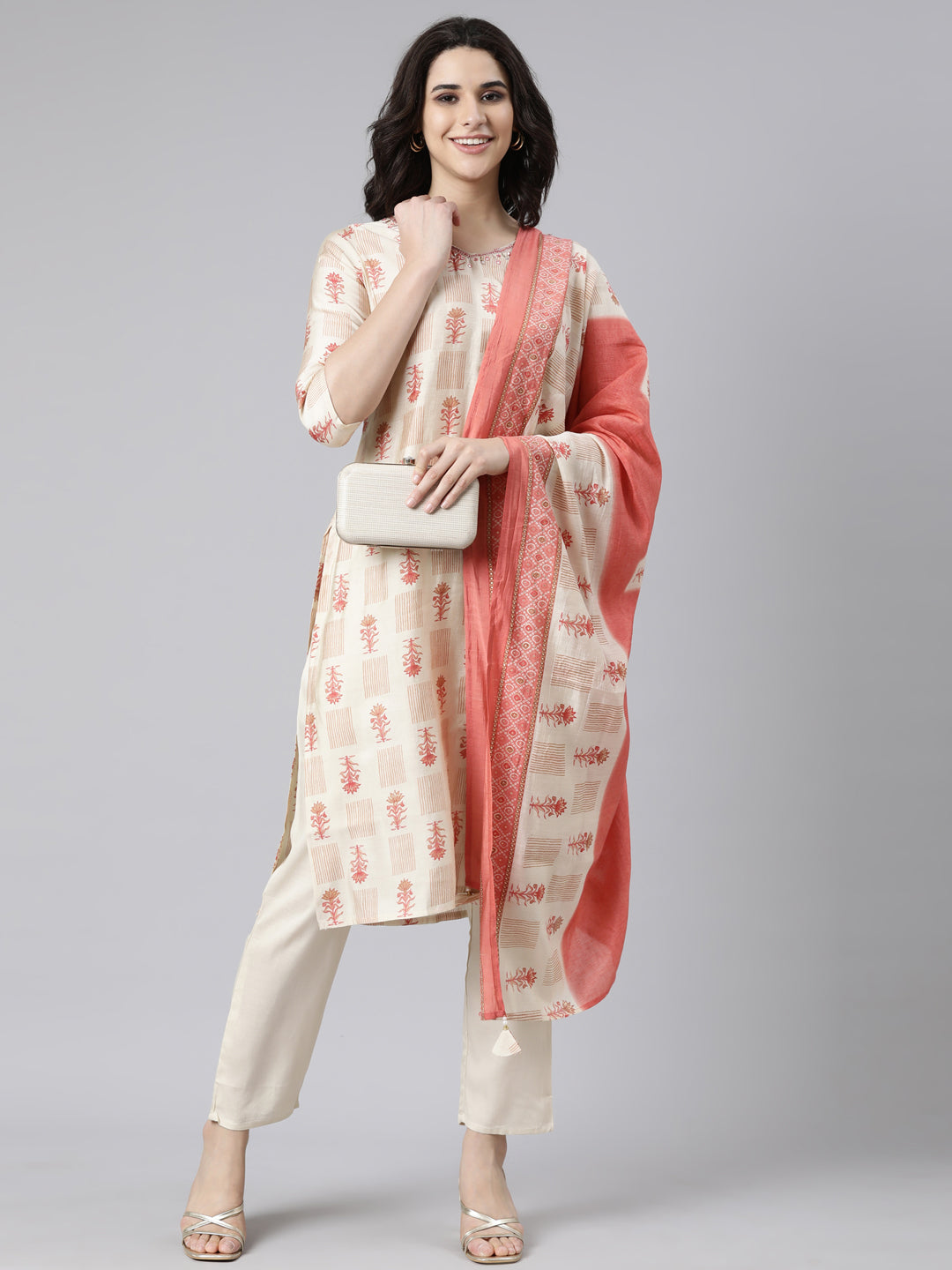 Neerus Beige Regular Straight Floral Kurta And  Trousers With Dupatta