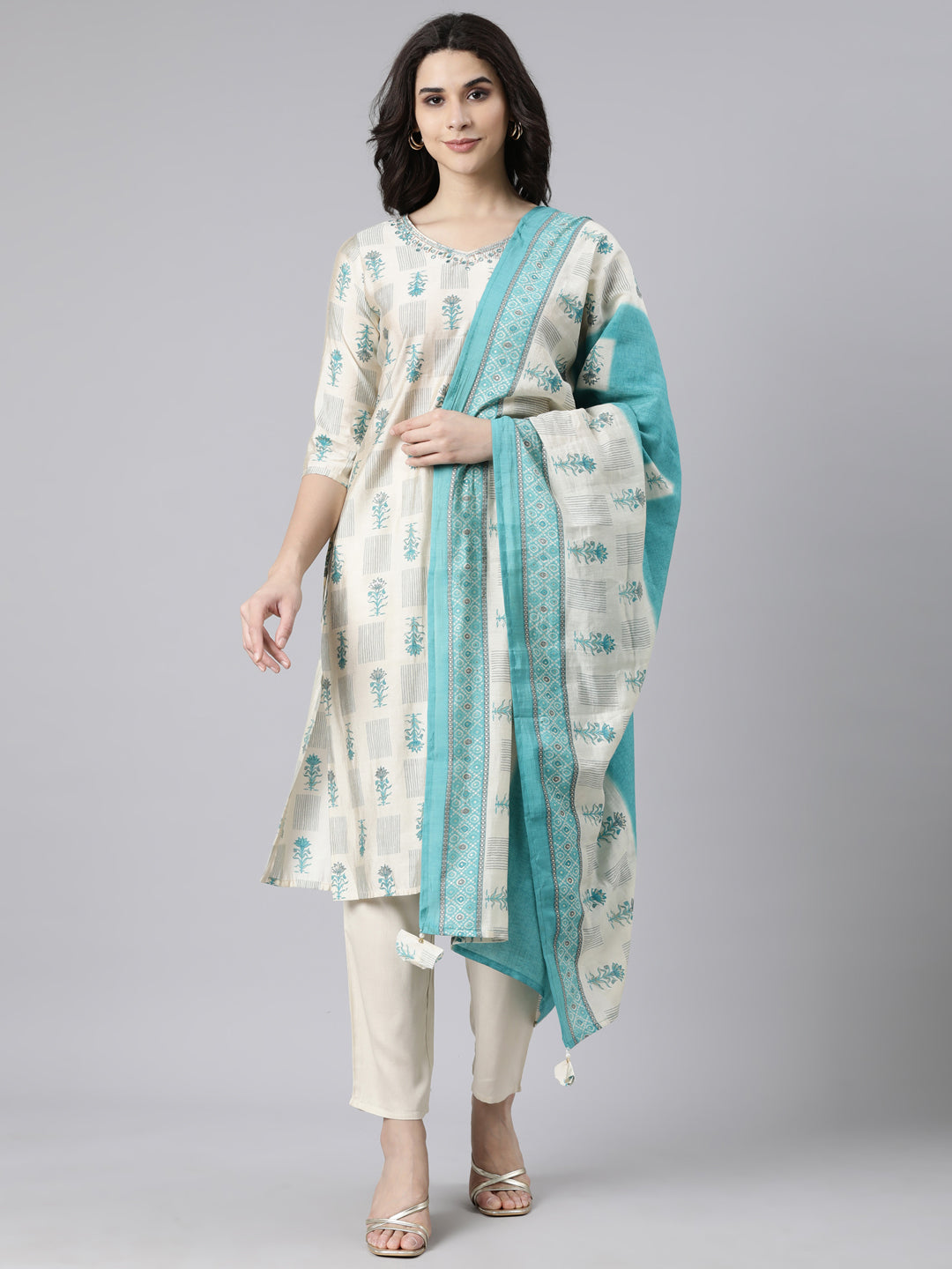 Neerus Cream Regular Straight Floral Kurta And  Trousers With Dupatta