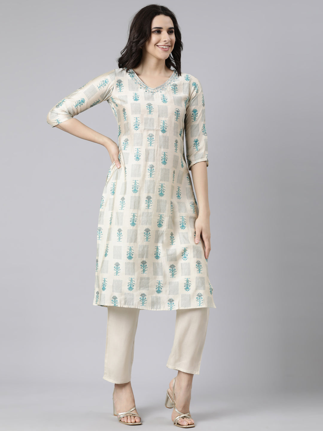 Neerus Cream Regular Straight Floral Kurta And  Trousers With Dupatta