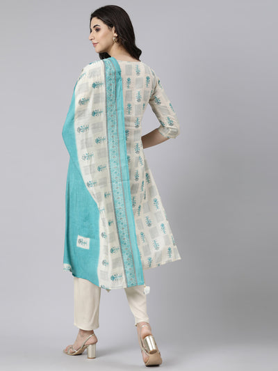 Neerus Cream Regular Straight Floral Kurta And  Trousers With Dupatta