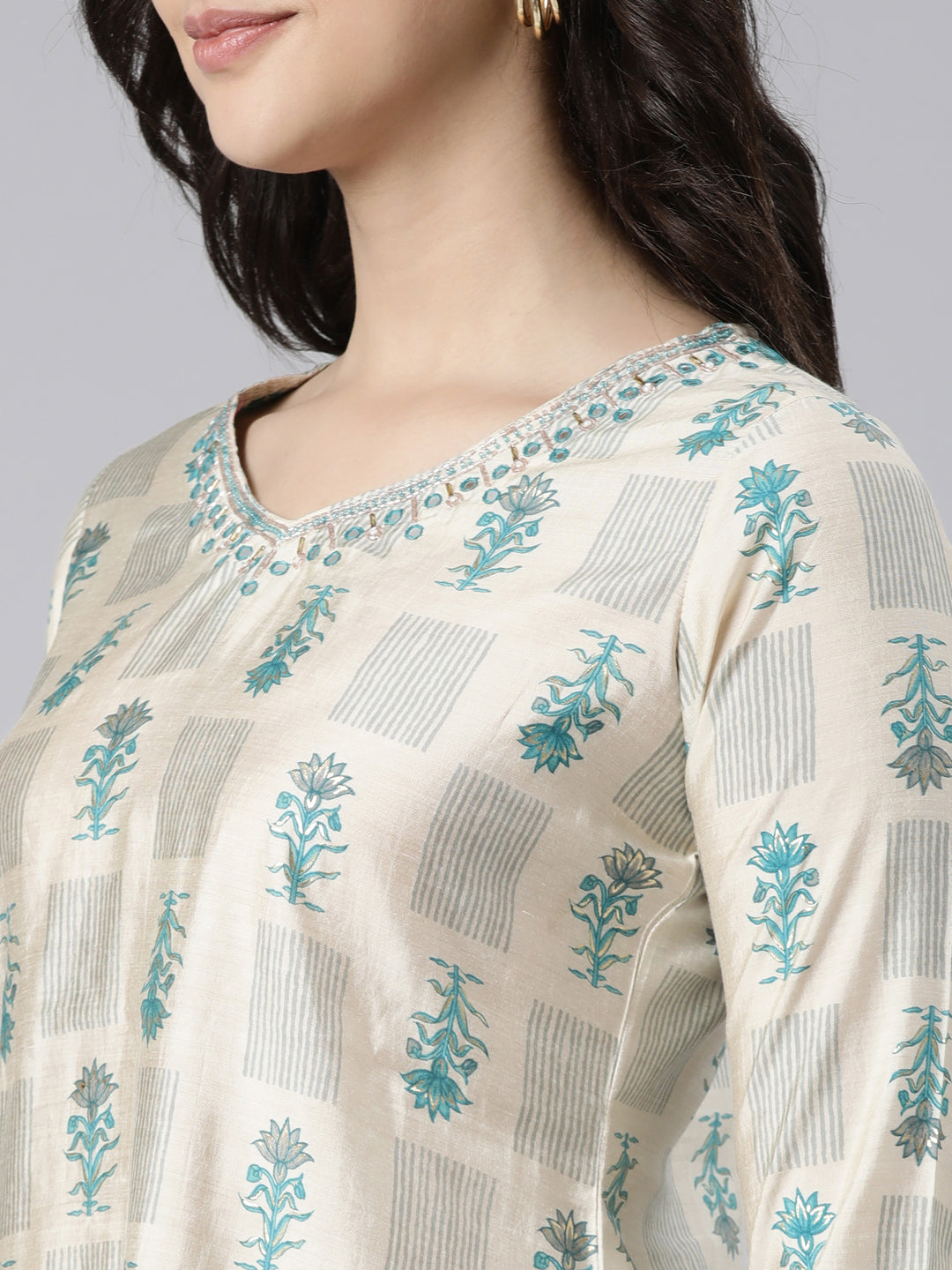 Neerus Cream Regular Straight Floral Kurta And  Trousers With Dupatta