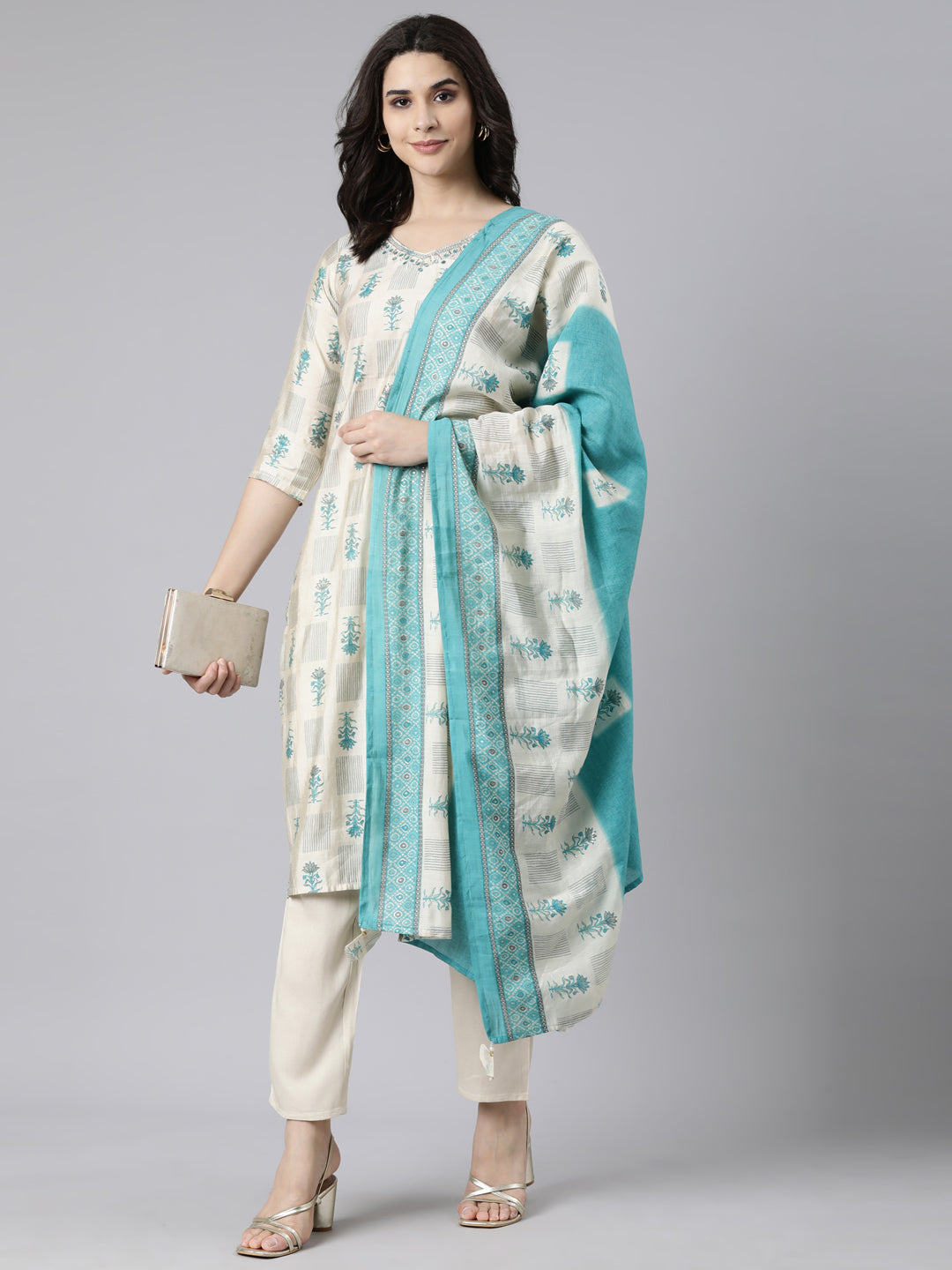 Neerus Cream Regular Straight Floral Kurta And  Trousers With Dupatta