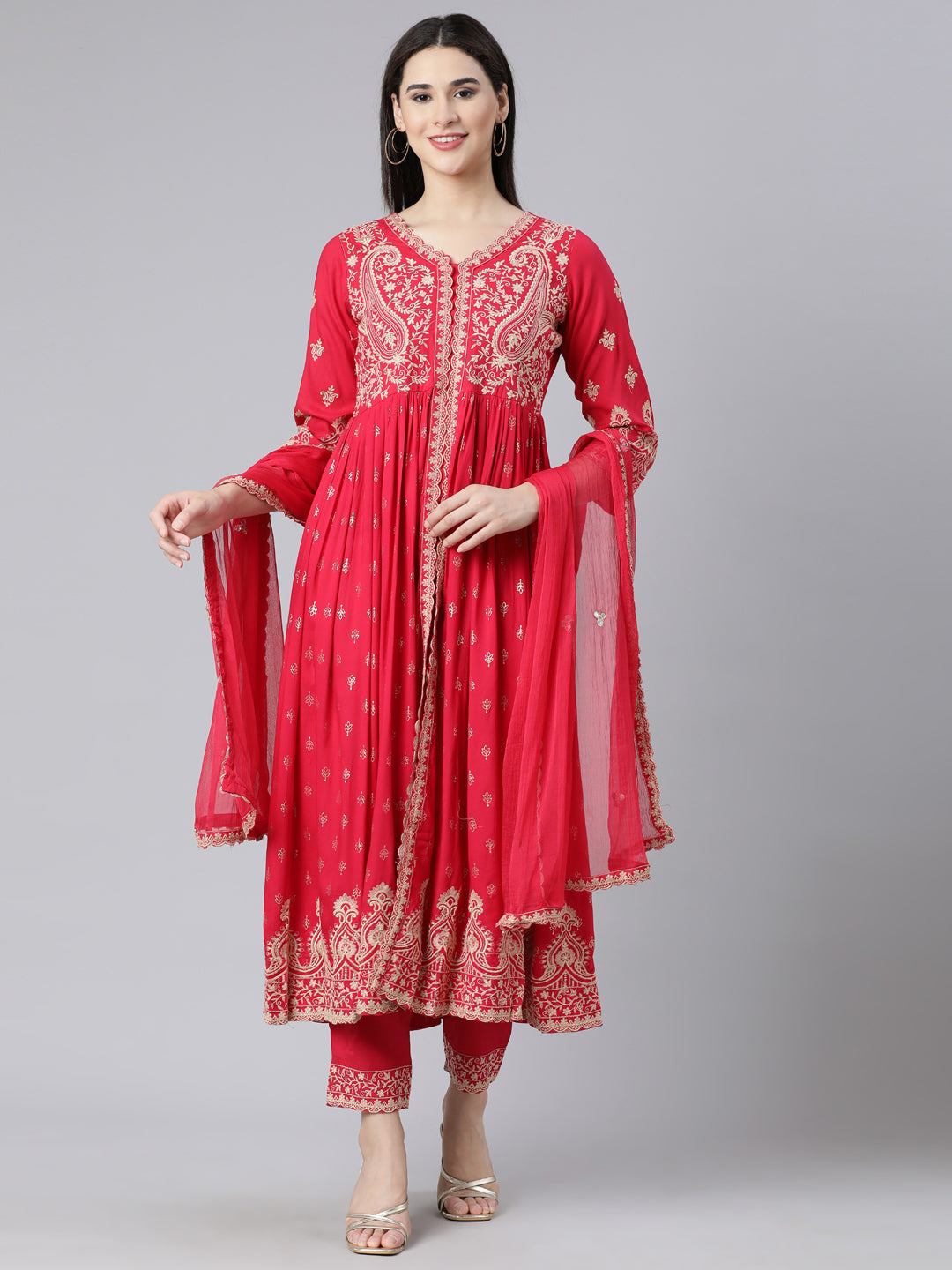 Neerus Pink Panelled Straight Yoke Design Kurta And Trousers With Dupatta