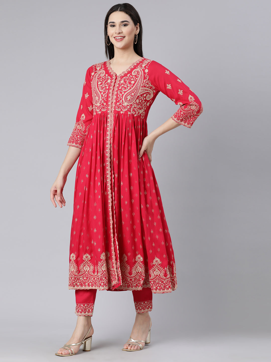 Neerus Pink Panelled Straight Yoke Design Kurta And Trousers With Dupatta