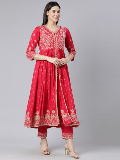 Neerus Pink Panelled Straight Yoke Design Kurta And Trousers With Dupatta