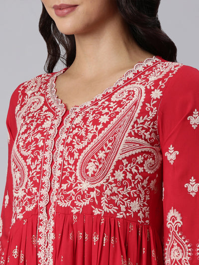 Neerus Red Panelled Straight Yoke Design Kurta And Trousers With Dupatta