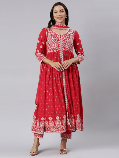 Neerus Red Panelled Straight Yoke Design Kurta And Trousers With Dupatta