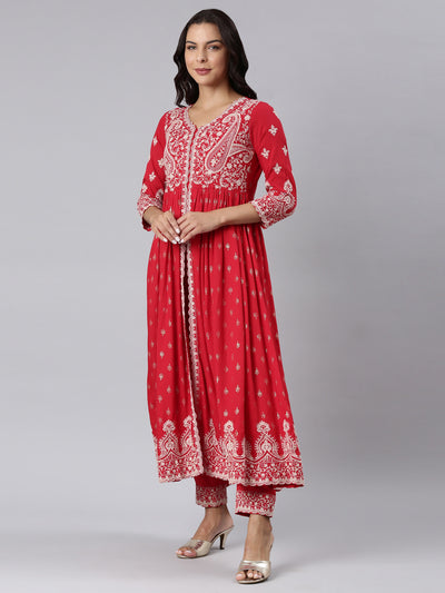 Neerus Red Panelled Straight Yoke Design Kurta And Trousers With Dupatta