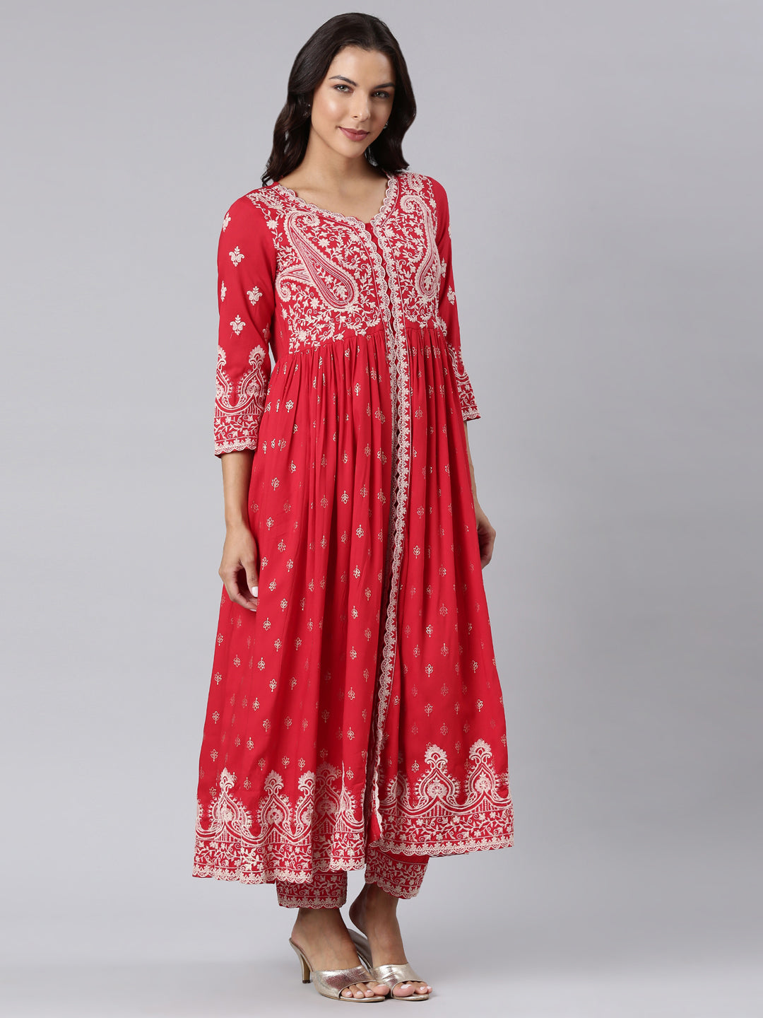 Neerus Red Panelled Straight Yoke Design Kurta And Trousers With Dupatta