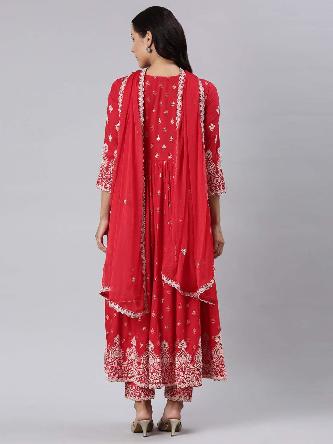 Neerus Red Panelled Straight Yoke Design Kurta And Trousers With Dupatta