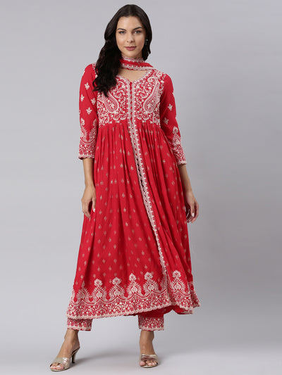 Neerus Red Panelled Straight Yoke Design Kurta And Trousers With Dupatta