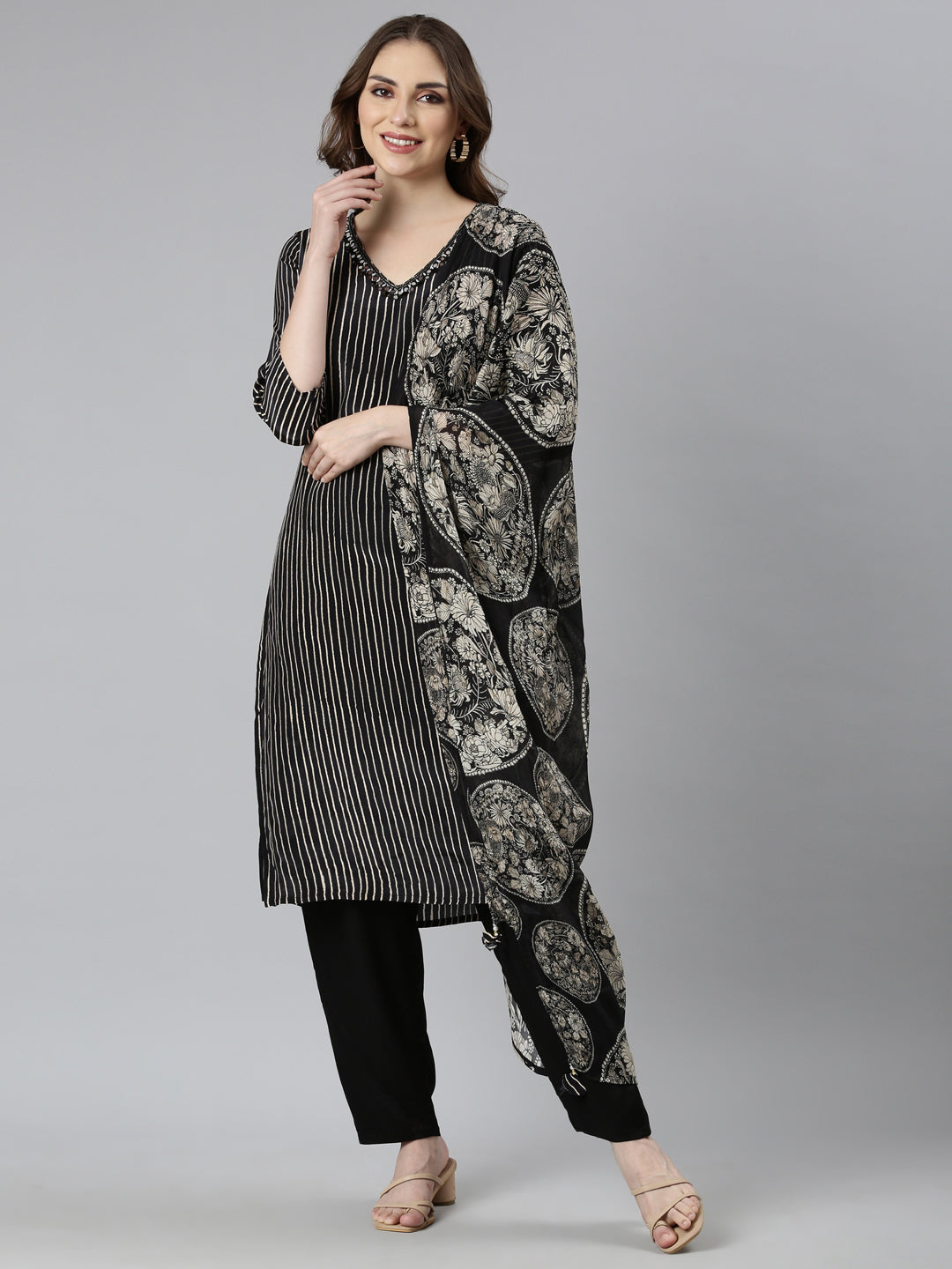 Neerus Black Regular Straight Striped Kurta And  Trousers With Dupatta