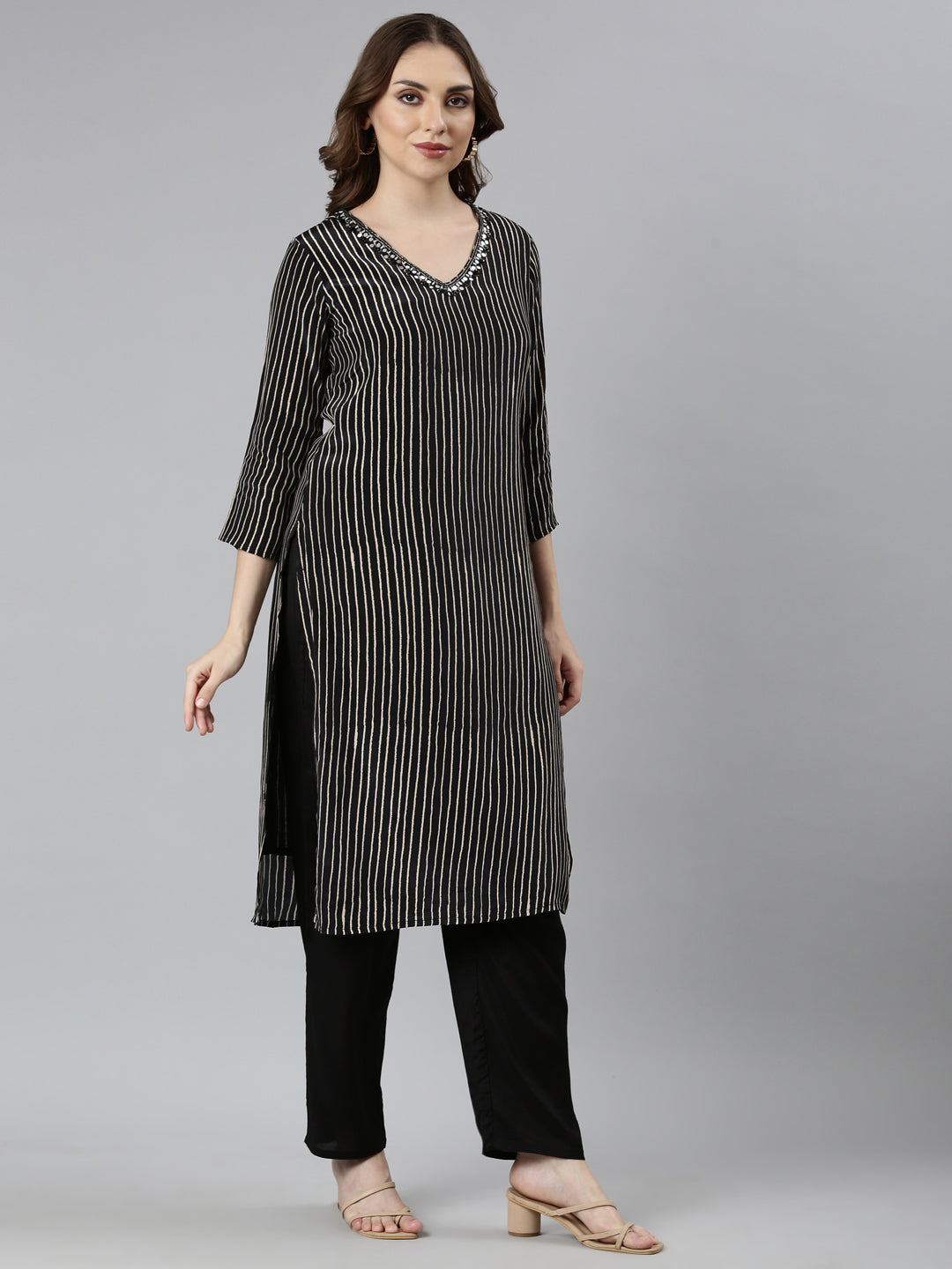 Neerus Black Regular Straight Striped Kurta And  Trousers With Dupatta