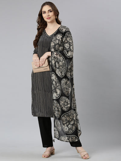 Neerus Black Regular Straight Striped Kurta And  Trousers With Dupatta