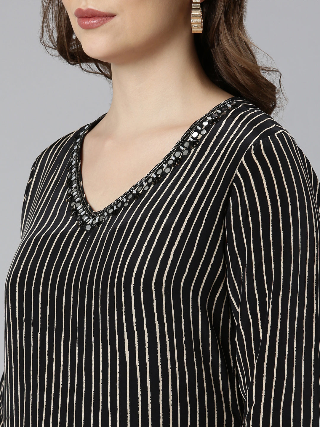 Neerus Black Regular Straight Striped Kurta And  Trousers With Dupatta