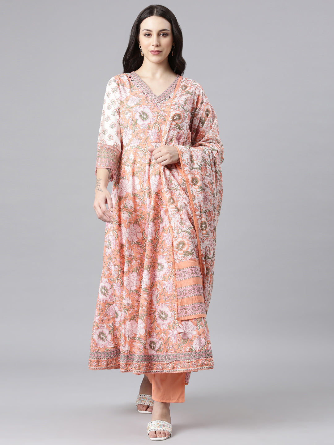 Neerus Peach Anarkali Kurta and Trousers With Dupatta