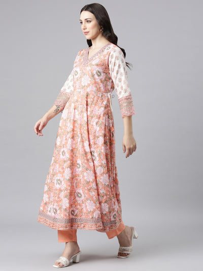 Neerus Peach Anarkali Kurta and Trousers With Dupatta