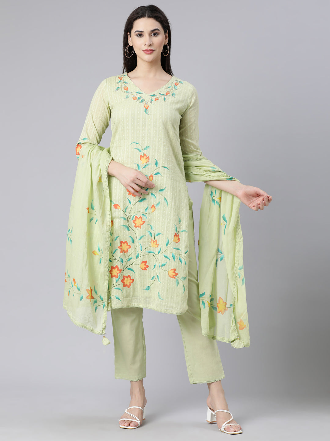 Neerus Green Panelled Straight Printed Kurta And Trousers With Dupatta