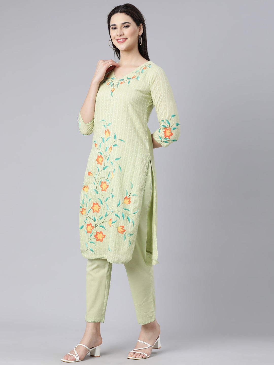 Neerus Green Panelled Straight Printed Kurta And Trousers With Dupatta