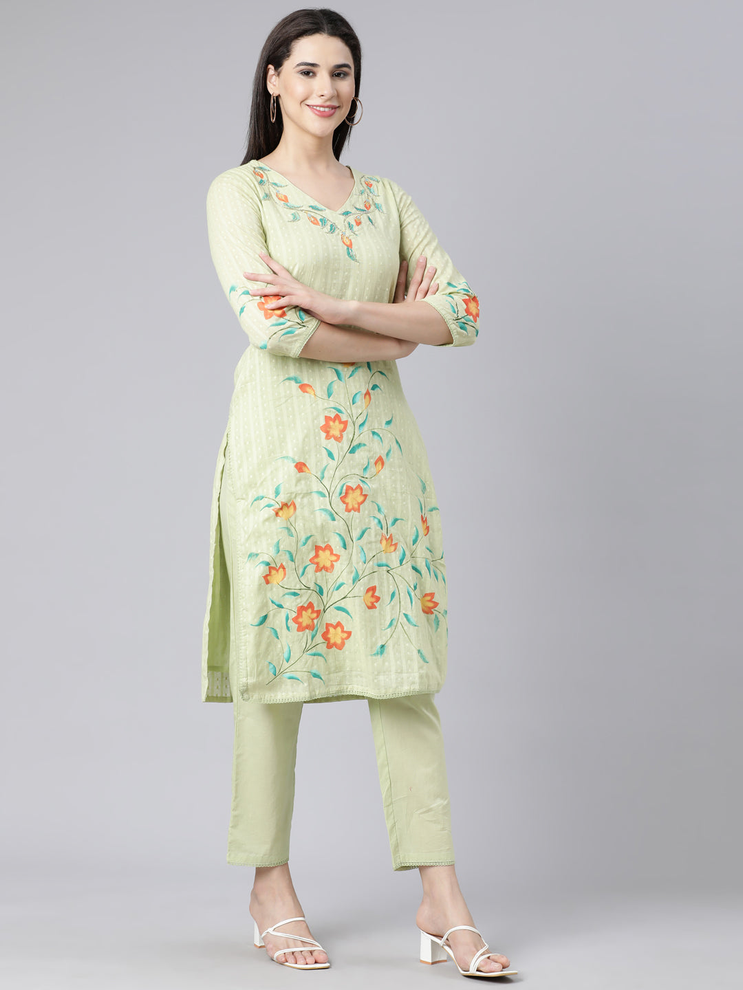 Neerus Green Panelled Straight Printed Kurta And Trousers With Dupatta