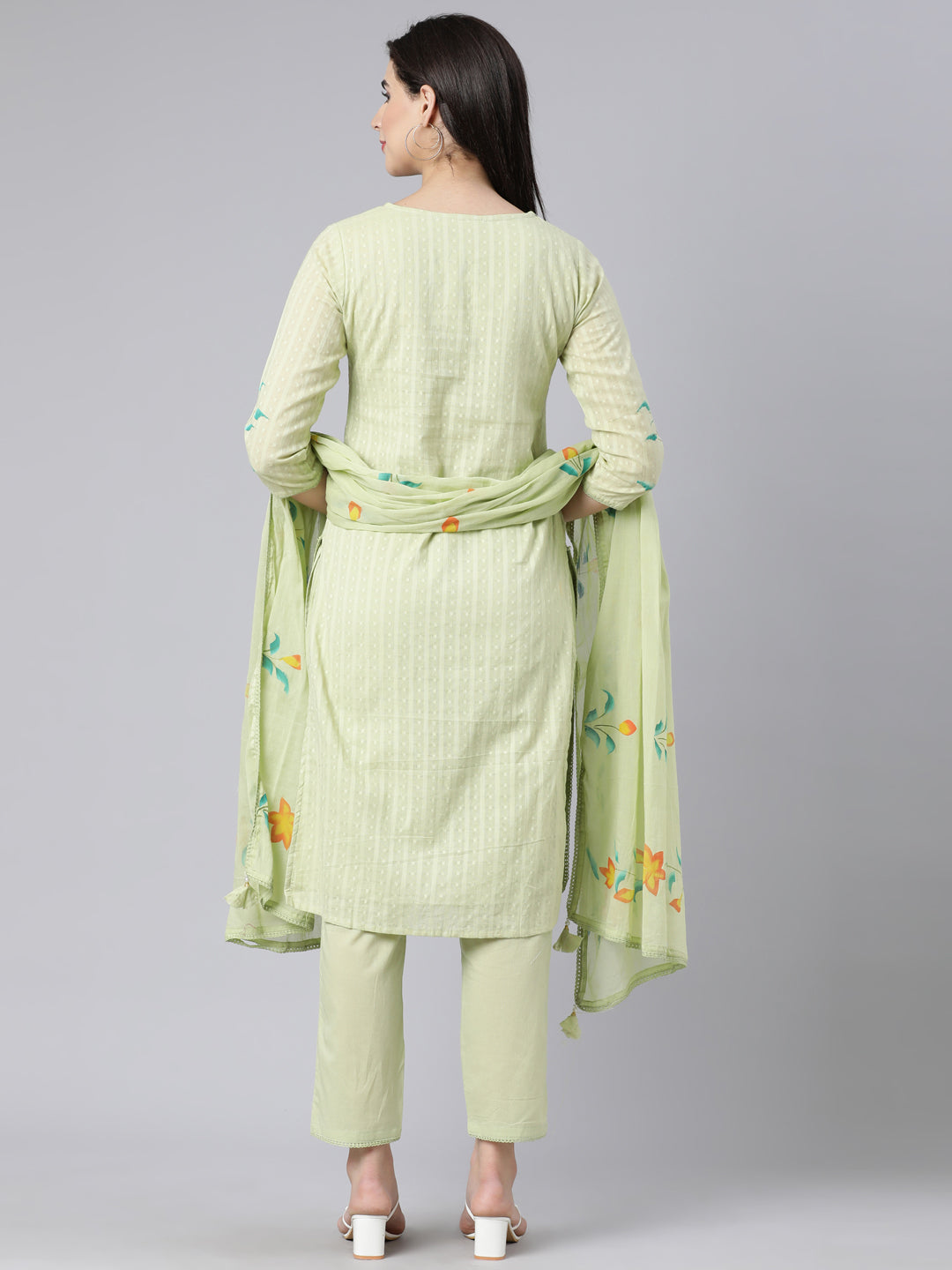 Neerus Green Panelled Straight Printed Kurta And Trousers With Dupatta